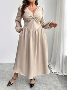 SHEIN Privé Plus Size Women Elegant Minimalist Loose Lantern Sleeve A-Line Dress, Twist Bust Design, Suitable For Date Night & Party, Autumn/Winter