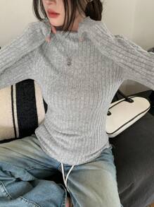 DAZY Women's Solid Color Turtleneck Long Sleeve Fitted Ribbed T-Shirt, Autumn,Fall Women Clothes - Grey - View 4