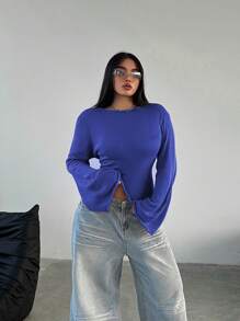 Flirla Plus Size Women's Versatile Solid Color Bell Sleeve Sweater - Blue - View 4