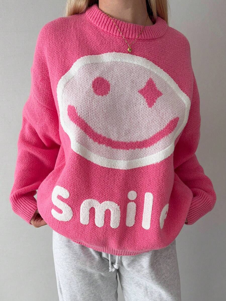 Aloruh 粉色加大码女式毛衣，撞色笑脸图案，秋冬季保暖 - 粉色 - 查看 1