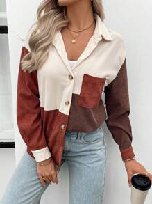 SHEIN LUNE 拼色贴袋落肩灯芯绒衬衫 - 彩色 - 查看 4