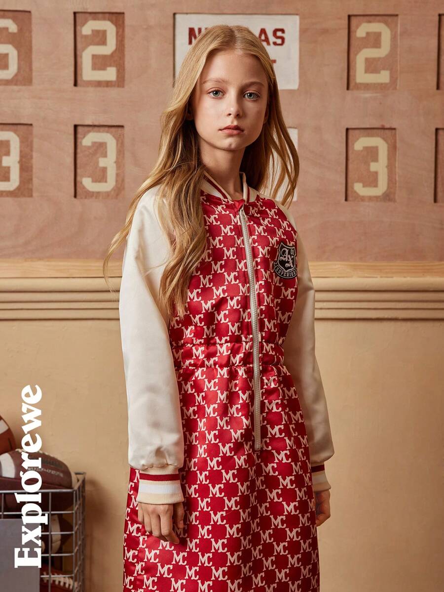 SHEIN 1 件女童棒球领插肩袖收腰连衣裙,都市休闲风格适合户外、街头、学校、派对等。 - 玫紅色 - 查看 1