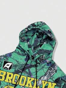ROMWE MEN Street Life Men's Casual Everyday Branch & Letter Print Drawstring Hoodie Sweatshirt, Autumn - Green - View 6