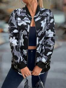SHEIN LUNE Plus Size Front Zipper Long Sleeve Casual Camouflage Jacket, Suitable For Outdoor Wear - Multicolor - View 1