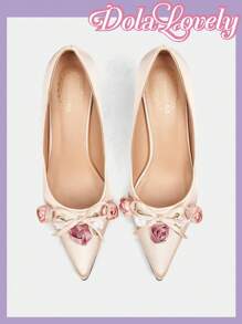Dola Lovely Escarpins femme à talons hauts, à bout pointu avec nœud rose unicolore et fleurs 3D, chaussures plates à bride arrière