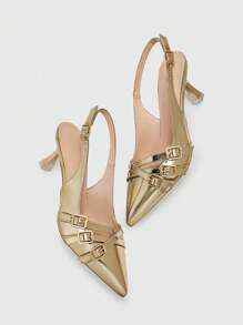 CUCCOO BIZCHIC Sepatu Hak Tinggi Wanita Chic dengan Gesper Samping, Ujung Lancip Seksi, Bagian Belakang Berongga, Cocok untuk Hari Valentine, Musim Semi, dan Natal. - Emas - View 9