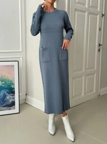 EURMUSE 女士纯色圆领口袋细节长款毛衣连衣裙 - 霧霾藍 - 查看 6