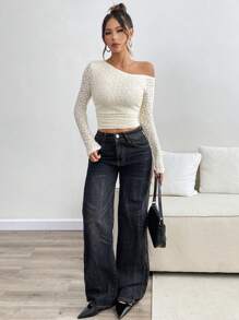 Lunelith SHEIN Lunessa Top pour femme à manches longues ajusté, en tricot à épaules obliques, en laine polaire ajourée, en jacquard, confortable, polyvalent, apricot, adapté à l'automne/hiver