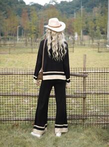 LanaWest Women Casual Daily Color Block Knit Sweater And Pants Set, Autumn/Winter Fall Cloth For Women