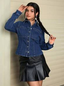 SHEIN EZwear Women's Casual Patch Pocket Single Breasted Denim Shirt