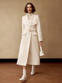 MOTF PREMIUM 羊毛纯色瀑布领扣带腰带长款大衣