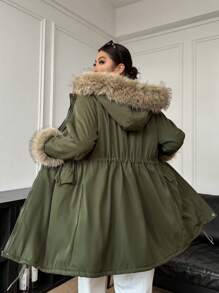 Calvaya 大码连帽保暖内衬冬季服装派克大衣外套带毛领 - 軍綠色 - 查看 2