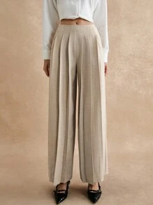 Poéselle Women's Solid Color Pleated Pocket Minimalist Office Pants, Casual Wear