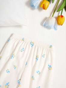 SHEIN 2 件装女婴休闲花卉印花长袖上衣和裤子套装，可爱褶边袖口家居服 - 彩色 - 查看 3