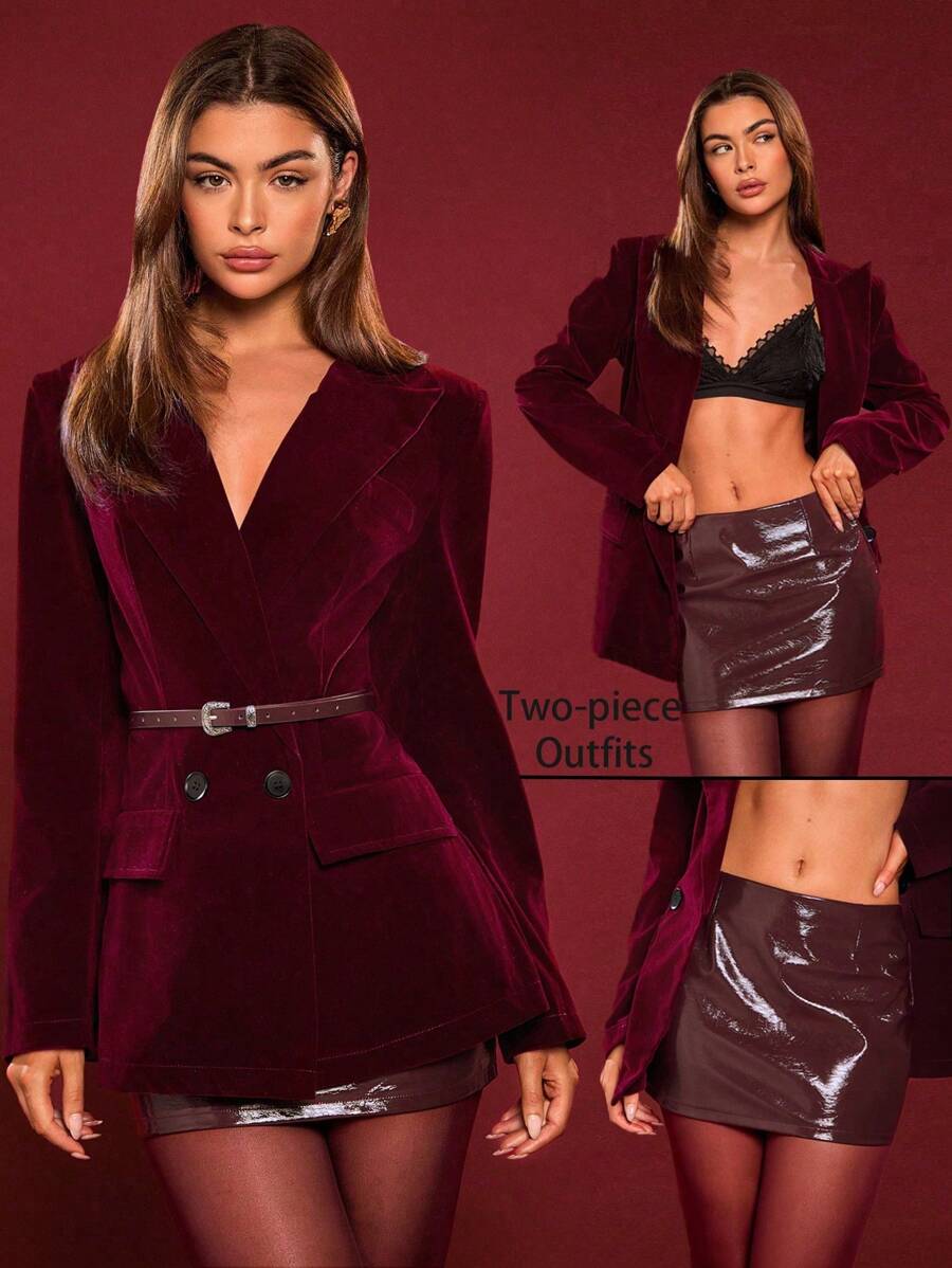 Glamine 2pcs/Set Christmas Women Clothes Women Elegant Burgundy Velvet Shoulder Padded Belted Blazer Jacket And PU Leather Mini Skirt Suit For Winter Women Clothes Burgundy,Old Money Style For New Year Holiday Party Clothes - Red - View 1
