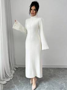Elenzga Elegant Solid Color Bell Sleeve Long Sweater Dress, Autumn/Winter - White - View 4