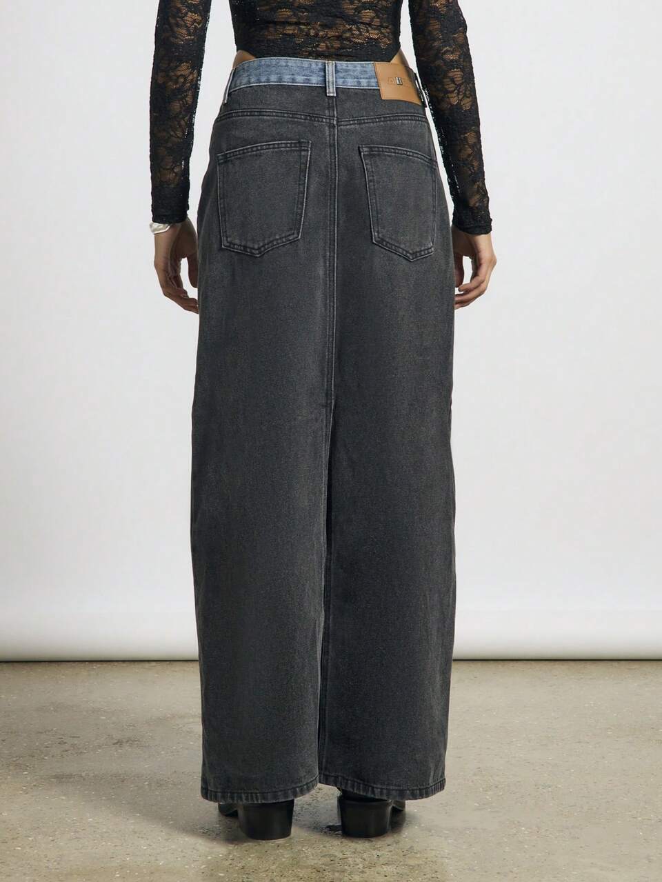 Contrast Waistband Two-Tone Straight Fit Maxi Denim Skirt