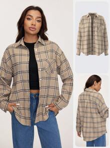 SHEIN BASICS Casual Woven Plaid Lapel Long Sleeve Loose Fit Women Blouse - Khaki - View 1