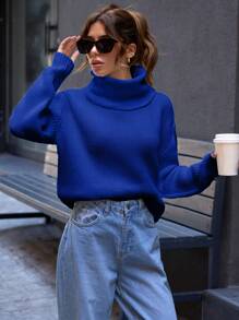 EURMUSE Casual Turtle Neck Plain Crop Sweater - Blue - View 3