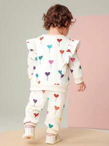 SHEIN Comfortable Baby/Baby Girl Cute Colorful Heart Print Embroidered Detail Top And Pants Set - Apricot - View 2