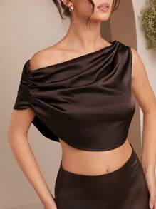 L'Amorae Women 2-Piece Set: Asymmetric Neck Pleated Blouse And Skirt, Elegant