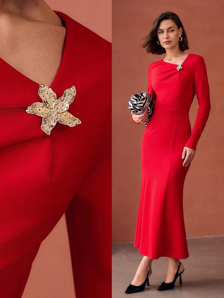 ASYMMETRICAL NECK METAL FLORAL DETAIL MERMAID HEM DRESS WITHOUT BELT