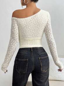 Lunelith SHEIN Lunessa Top pour femme à manches longues ajusté, en tricot à épaules obliques, en laine polaire ajourée, en jacquard, confortable, polyvalent, apricot, adapté à l'automne/hiver