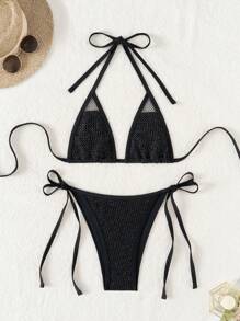 Swim SXY Women's Sexy Micro Triangle Bikini Set With Black Sheer Side Tie Beach Swimwear, Summer