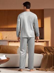 Men's Letter Embroidered Pajama Set, Top And Pants Loungewear - Light Grey - View 2