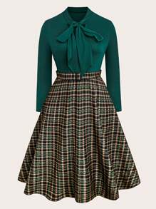 SHEIN Clasi Plus Size Women Winter Long Sleeve Dress, Elegant Plaid Pattern Women Outfit