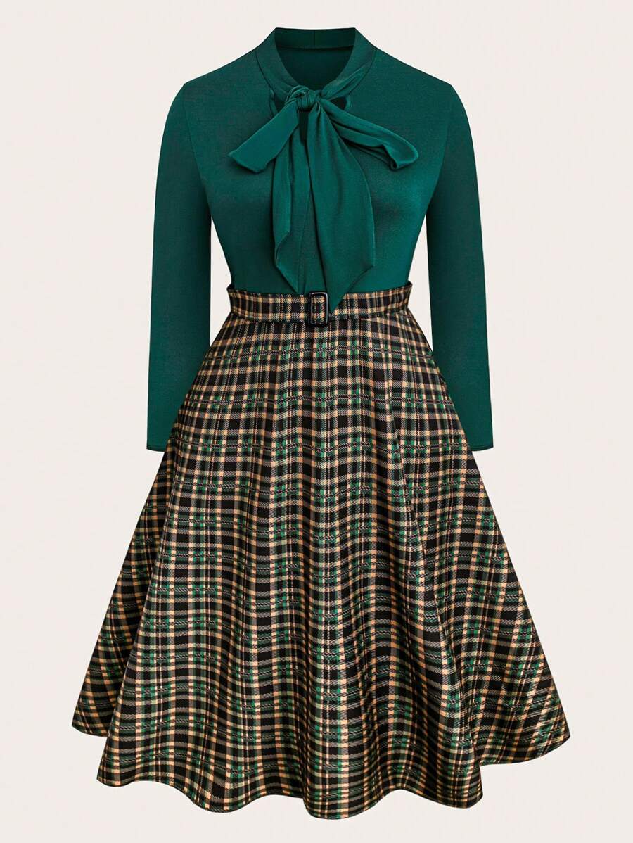 SHEIN Clasi Plus Size Women Winter Long Sleeve Dress, Elegant Plaid Pattern Women Outfit