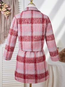 青少年女孩正面纽扣长袖格子简约上衣和裙子休闲两件套，圣诞节