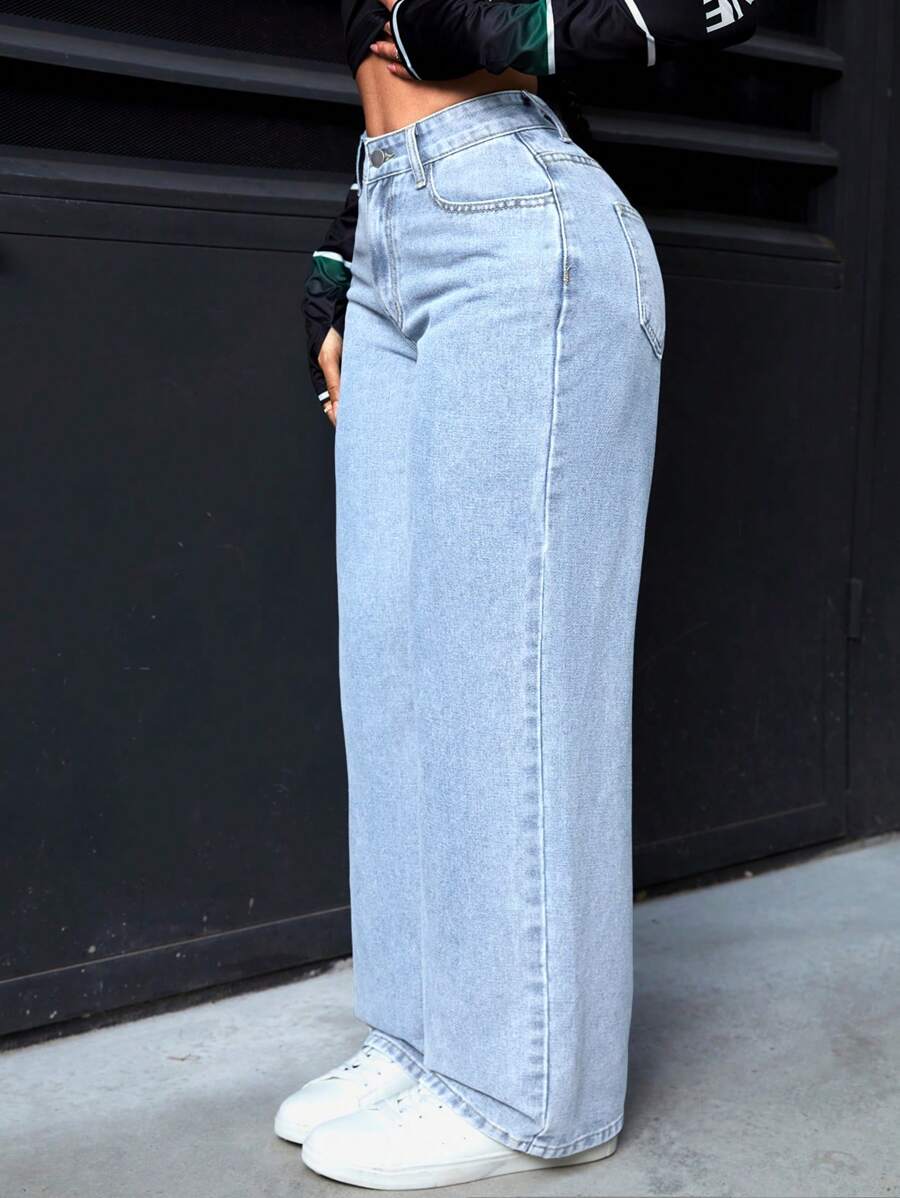 SHEIN PETITE Women's Casual Washed High-Waist Straight Leg Jeans - Light Wash - View 1