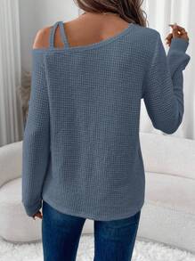 SHEIN LUNE 斜肩灯笼袖华夫格纹理面料休闲通勤户外装女士长袖T恤秋冬 - 藍色 - 查看 2