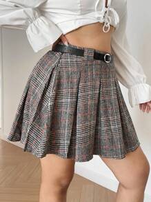 Flirla Plus Size Minimalist Fashion Casual Versatile Retro Plaid Pleated Skirt With Belt - Multicolor - View 2