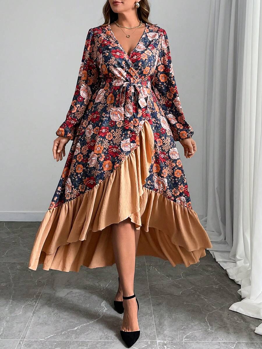 SHEIN Clasi Plus Size Women Christmas Festival Floral Print Ruffle Hem Regular Autumn/Winter Elegant Lantern Sleeve Dress - Multicolor - View 1