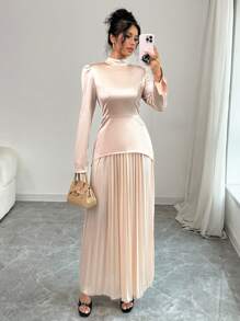 Chiquease 1set Knitted Mock Neck Long Sleeve Top With Split Cuff & Pleated Skirt - Black - View 6