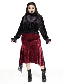ROMWE Christmas Plus Size Women Gothic Style Asymmetrical Hem Lace Patchwork Bodycon Velvet Skirt - Burgundy - View 4