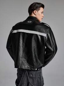 NEON BLANC Men's Oversized Black Woven Leather Long Sleeve Letter Zip Jacket, For Fall Winter, Outdoor, Spring - Black - View 5