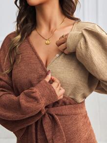 SHEIN Maternity Fashion Color Block Tie Lantern Sleeve Jurk