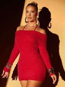 Lumalex Fall Winter Thanksgiving Outfit New Years Thanksgiving Rave Festival Outfits Formal 1pc Women's Halter Off-Shoulder Long Sleeve Open Back Knitted Mini Dress