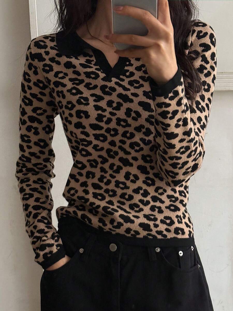 DAZY Women Leopard Print Colorblock Trim Loose Long Sleeve Pullover Sweater,Fall Clothes - Brown - View 1