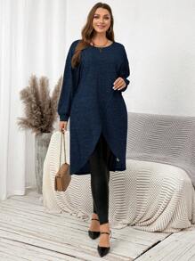 SHEIN Clasi Áo thun đơn giản cổ tròn dài tay cỡ lớn dành cho nữ thường ngày - Màu xanh hải quân - Xem 4