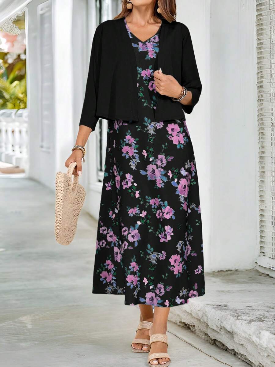 EMERY ROSE 教师服装春季碎花连衣裙两件套女士 - 黑色 - 查看 1