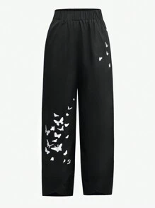 SHEIN LUNE Women's Loose Butterfly Print Harem Pants, Comfortable Soft High Waisted Wide Leg Casual Trousers - Black - View 3