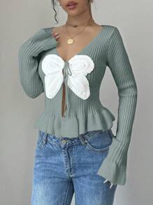 Chiquease Butterfly Applique Colorblock Ruffle Trim Front Tie Elegant Long Sleeve Cardigan Fall Cloth For Women - Green - View 6
