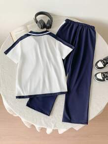 SHEIN Áo len và quần dệt kim có cổ có gân của Tween Boys Casual Academy 2 cái/bộ - trắng - Xem 2