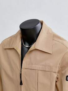 Manfinity VCAY Men's Plain Woven Casual Letter Patched Loose Fit Long Sleeve Front Zip Shirt Jacket, Fashion Young Style Urban Collar Shirt - Khaki - View 3