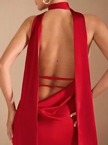 SHEIN BAE 1 件女式性感露背系带美人鱼下摆深 V 领无袖连衣裙，适合鸡尾酒会、浪漫约会、秋冬分层、派对、婚礼伴娘、夜间外出、万圣节、圣诞节 - 紅色 - 查看 6