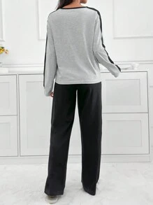 EURMUSE 2Pcs Cotton Constrast Colour Slogan Printed Lounge Set - Grey - View 2